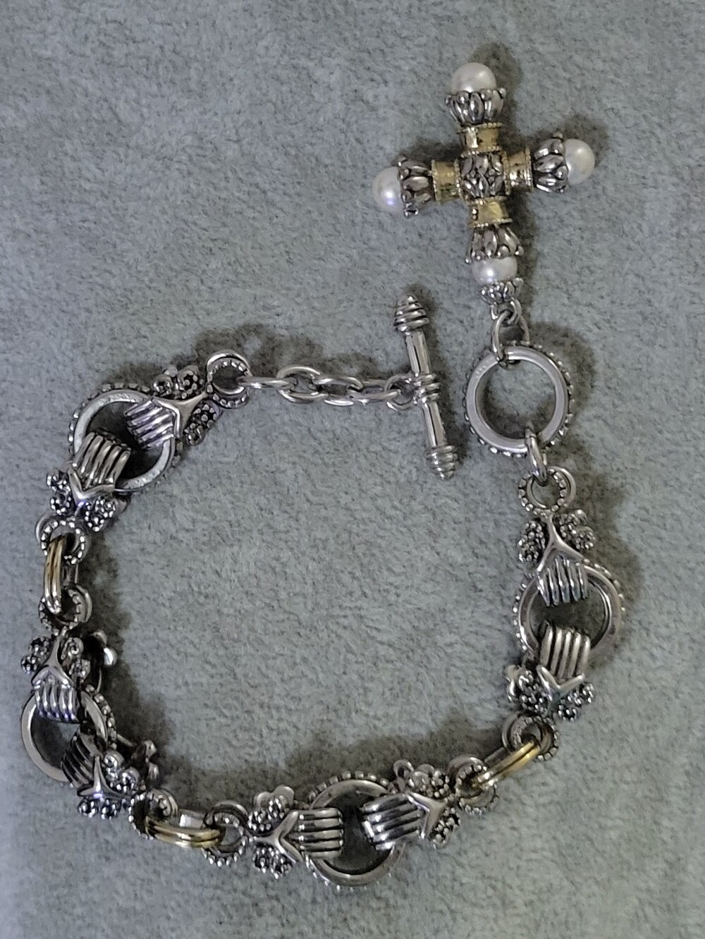 Vintage Two-Tone Ornate Link Toggle Bracelet with Faux Pearl Cross Charm Accent